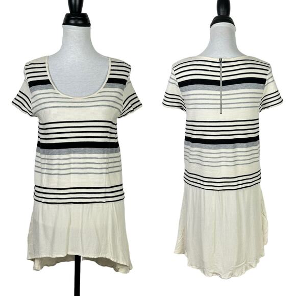 Deletta Anthropologie Cream & Black Stripe Hi Low Mini T-shirt Dress - Picture 1 of 8